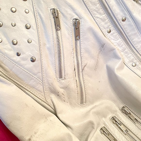 Vintage 1980s white leather jacket with 21 zippers! Sleeves zip off - Picture 4 of 9